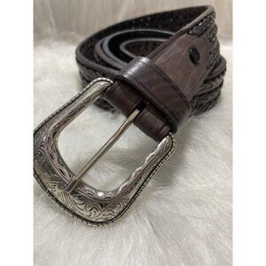 Mens Braided Leather Belt W/ Western-Style Buckle Size 46 Dark Brown